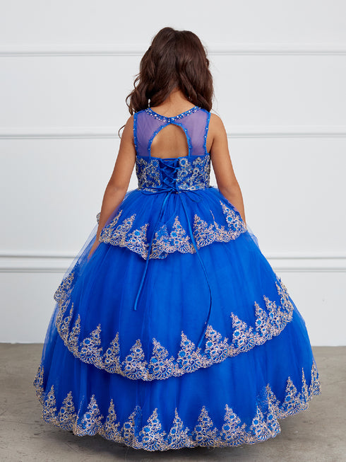 Big Girls Royal Blue Glitter Mesh Overlay V Neck Pageant Dress 8-12 - SophiasStyle.com